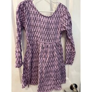 Cotton On Kids Purple Geometric Tiered Long Sleeve Open Back Tie Dress 6 k7011